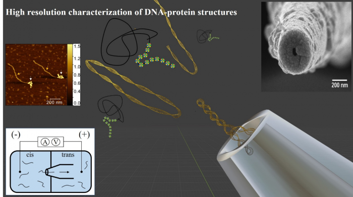 The image shows the principle of high-resolution detection of DNA and its conformations, as well as DNA- protein complexes as they translocate through the nanopore. Atomic force microscopy image of DNA-protein complexes shown on top-left. A scanning electron microscopy image of the actual nanopore (top-right) and a typical measurement device is also shown (bottom-left).