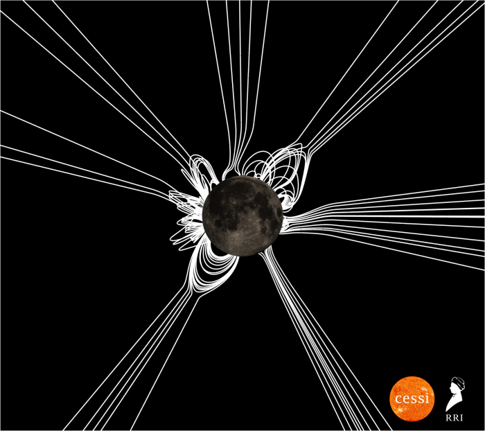 The predicted corona during the eclipse of 12 August 2026. The Sun’s magnetic field lines are depicted in white curves.