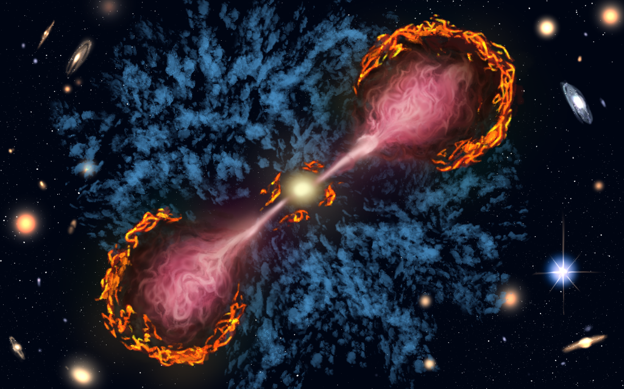An artist’s impression of how relativistic jets launched by the central supermassive black holes (also known as an “active galactic nuclei”/AGN) impact the surrounding gaseous reservoir in a galaxy. Image courtesy: Hailey Nelson, Arizona State University (ASU).